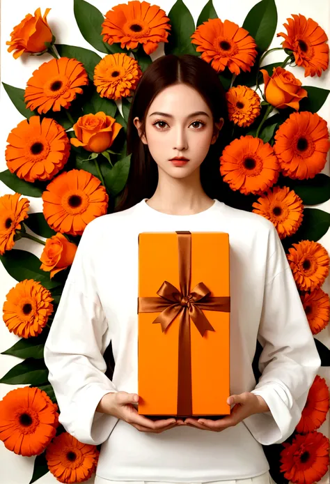 poster design，the face is a giant orange gift box，flowers，ribbon，white crewneck shirt，fantasy，minimalism，fantasy，hev kahraman st...