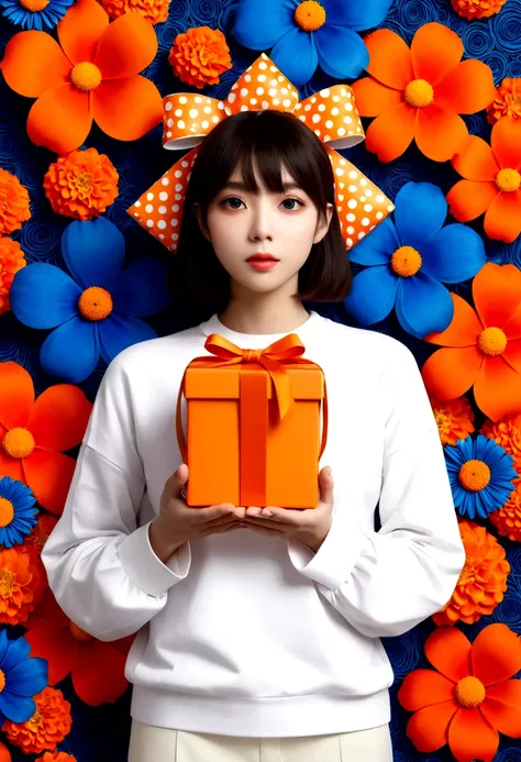 poster design，the face is a giant orange gift box，flowers，ribbon，white crewneck shirt，fantasy，minimalism，fantasy，kusama yayoi st...