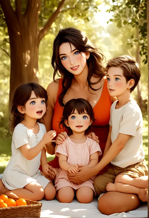 Realistic family photo of David Gandy with Denise Milani with two twin children, a five year old boy and girl. on a picnic