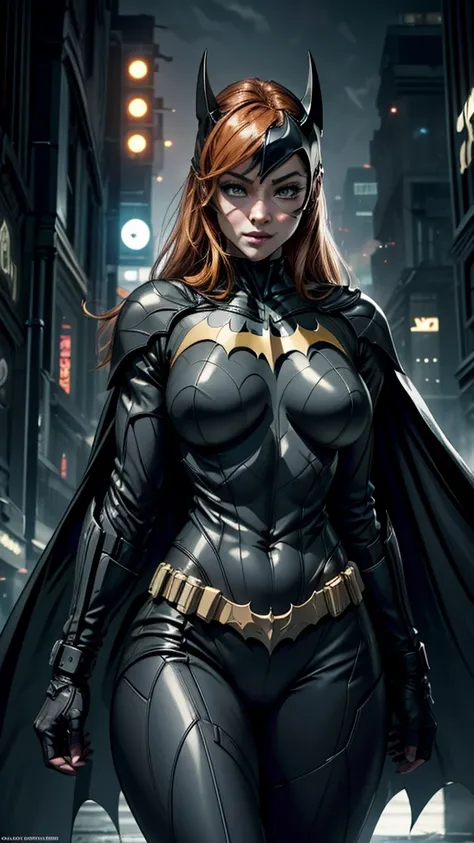 ((batgirl in a high-tech vigilante outfit with the batman symbol on her chest., orange hair and light eyes, in the dark night of...