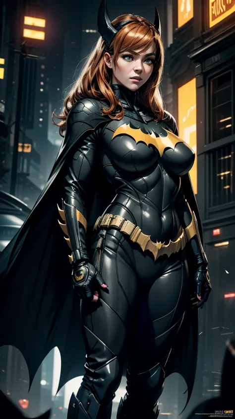 ((batgirl in a high-tech vigilante outfit with the batman symbol on her chest., orange hair and light eyes, in the dark night of...