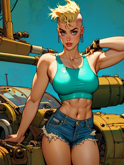 ((( fully body ))), master part, best qualityer, super detaill, 8K, gorgeous woman, Stefania Ferrario as a Tank Girl, parted lips, blonde mohawk hair, Punk Girl, shorts curt com cinta liga, post-apocalyptic world, with a tank in the background, (( of the t...