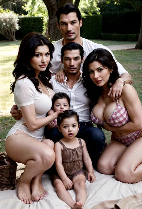 Realistic family photo of David Gandy with Denise Milani with two twin children, a five year old boy and girl. on a picnic