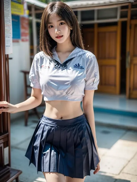 women in school, ((thai student uniform , white crop top)), blue school skirt, Open the navel, Open belly, (Showing the abdominal area), walking place