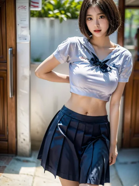 women in school, ((thai student uniform , white crop top)), blue school skirt, open the navel, open belly, (showing the abdomina...