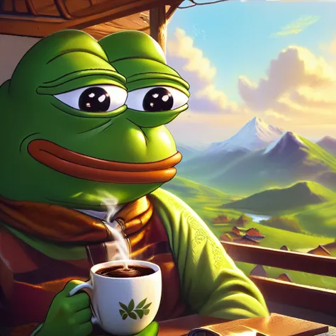 pepe the frog having a coffee relaxing