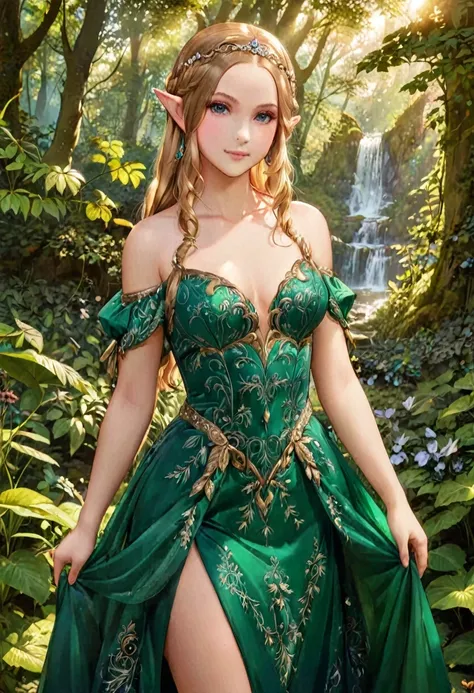 a masterful portrait done by leonardo de vinci of princess zelda, ((anatomically correct: 1.5)), wearing intricate glamour green...