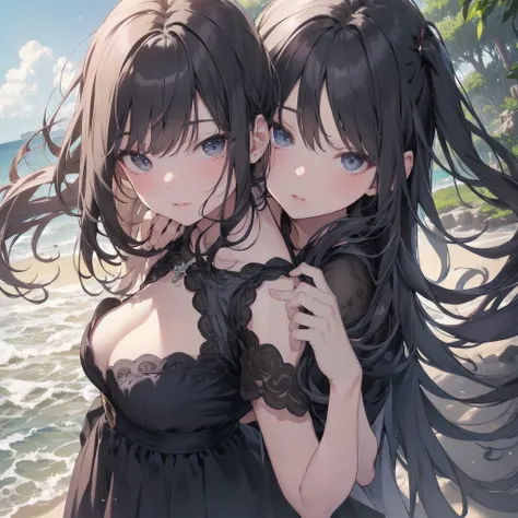 (Highest quality、masterpiece、High resolution、8K)、Vibrant colors、1 female、Long black hair、whole body、barefoot、thin、(Detailed face、Beautiful Eyes、Beautiful Nose、Pretty lips)、A woman in a white dress jumps high、Official Art、The background is the sea、blue sky、...