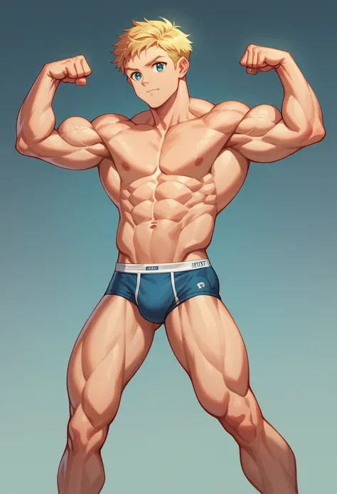 (​masterpiece, best quality), Intricate detailing, 8K, artstation, backshot, Young Teenager, Teen Bodybuilder, 14 years old, blonde hair, posing bis muscles in underwear, barefoot, Buff muscle Body, flexing his muscles, muscular chest