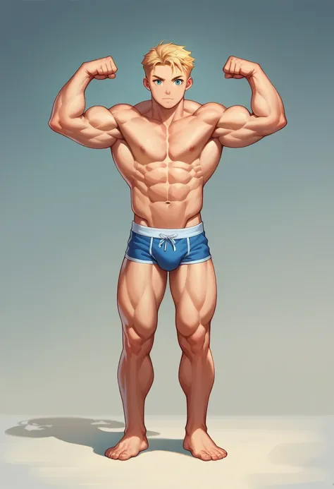 (​masterpiece, best quality), Intricate detailing, 8K, artstation, backshot, Young Teenager, Teen Bodybuilder, 14 years old, blonde hair, posing bis muscles in underwear, barefoot, Buff muscle Body, flexing his muscles, muscular chest