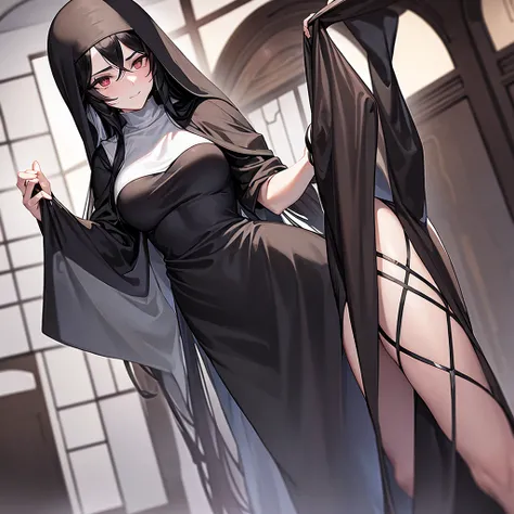 Beautiful lady, with black long hair, nun, scratches on face, Black Closed Clothing, Large cloak, costs