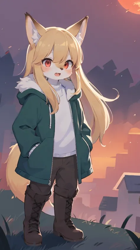 Fox Shota, , It was hairy, Hairy, Fur, smooth eyelashes, Golden fur, Forelimb Hand, long blonde hair straight, Round eyes, Golden ears, Golden fur, golden face fur, Shiny Hair, Red eyes, Very cute face, 1 fox tail, Fluffy tail, Hairy尻尾, Glowing Eyes, Green...