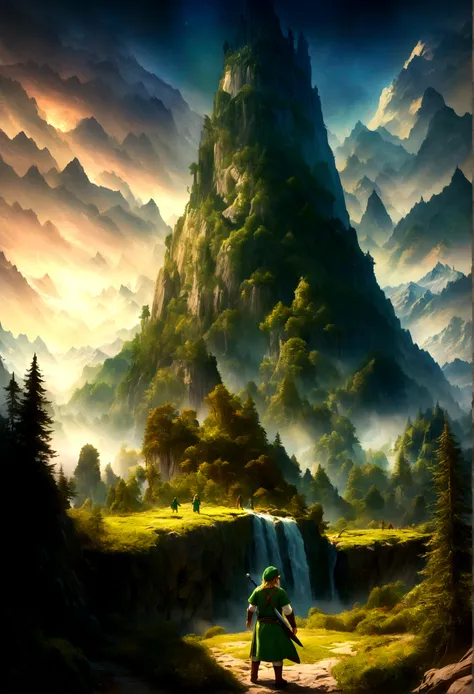 a highly detailed scene of the main character from The Legend of Zelda, Link, standing in a vast fantasy landscape, holding the Master Sword and wearing his iconic green tunic and cap, surrounded by lush forests, towering mountains, and a mystical sky, 8k,...