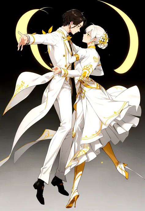 a man and a male in elegant white clothing, detailed yellow accents, full body, simple dancing waltz,
