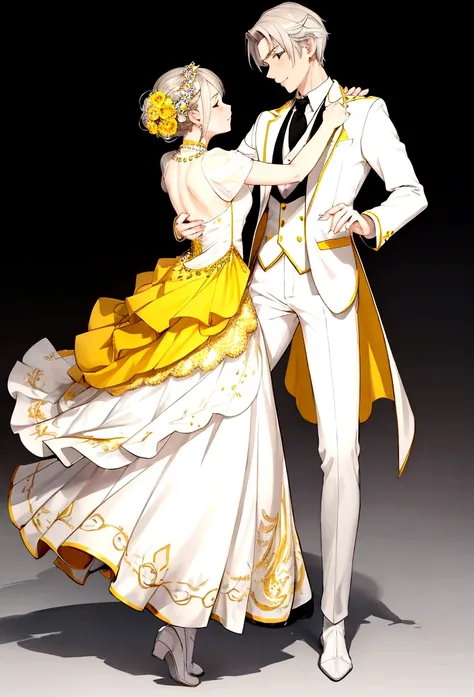 a man and a male in elegant white clothing, detailed yellow accents, full body, simple dancing waltz,
