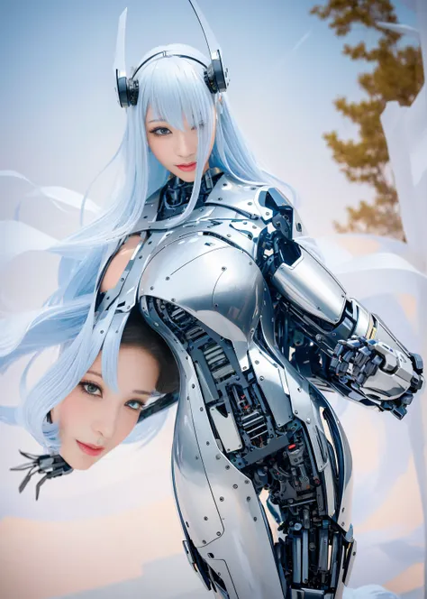 Outstanding，Super Detail, High Detail, high quality, best quality, High resolution，1 female robot，Beautiful female robot,beautiful clear face(Rain waves_haneame：1.5),Mechanical body(Smooth metal surface，armor，Mechanical seams of skin，beautiful body curves)...