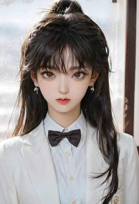 There is a long-haired woman，Wearing a white jacket，Wear a bow tie, Korean Girl, Realistic young anime girl, Chinese Girl, Anime girls in real life, long hair anime girl, White Ji haircut, Cute and natural anime face, Realistic anime 3D style, Beautiful an...