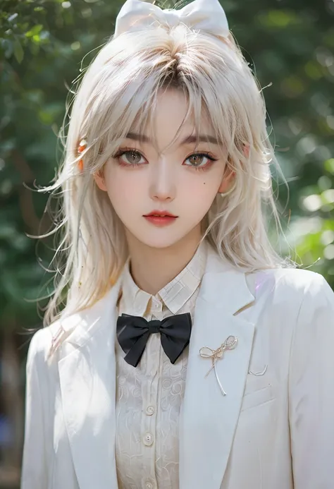 There is a long-haired woman，Wearing a white jacket，Wear a bow tie, Korean Girl, Realistic young anime girl, Chinese Girl, Anime girls in real life, long hair anime girl, White Ji haircut, Cute and natural anime face, Realistic anime 3D style, Beautiful an...