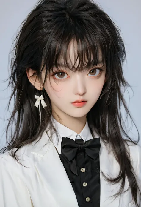 There is a long-haired woman，Wearing a white jacket，Wear a bow tie, Korean Girl, Realistic young anime girl, Chinese Girl, Anime girls in real life, long hair anime girl, White Ji haircut, Cute and natural anime face, Realistic anime 3D style, Beautiful an...