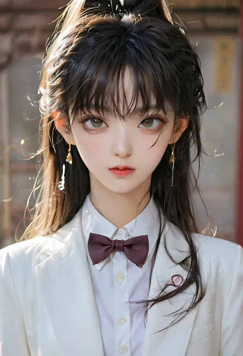 There is a long-haired woman，Wearing a white jacket，Wear a bow tie, Korean Girl, Realistic young anime girl, Chinese Girl, Anime girls in real life, long hair anime girl, White Ji haircut, Cute and natural anime face, Realistic anime 3D style, Beautiful an...