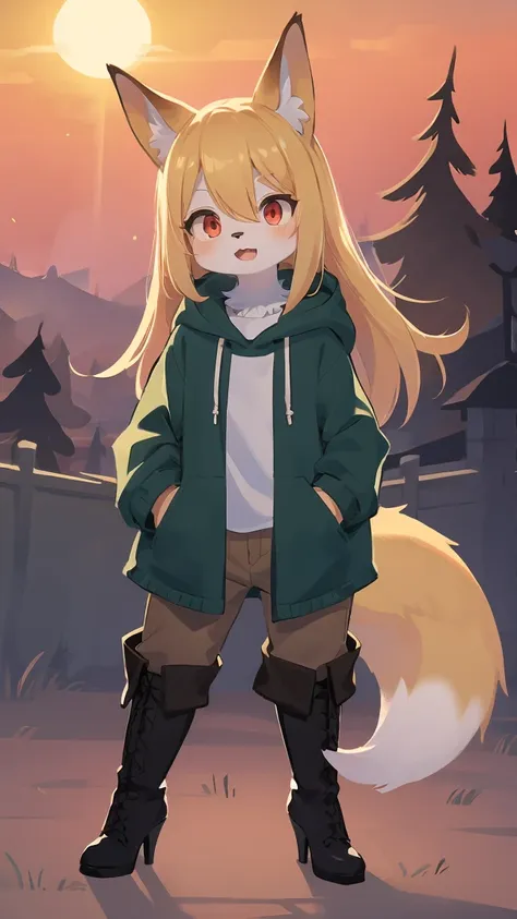 fox shota, , it was hairy, hairy, fur, smooth eyelashes, golden fur, forelimb hand, long blonde hair straight, round eyes, golde...