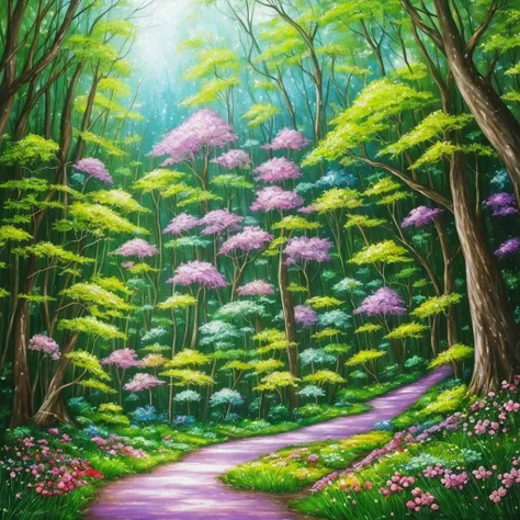 a painting of a forest with flowers and trees, enchanted magical fantasy forest, magic fairy forest, magical fantasy forest, enchanted and magic forest, in a magical forest, fairytale forest, magical forest, very magical and dreamy, fairy forest, magic for...