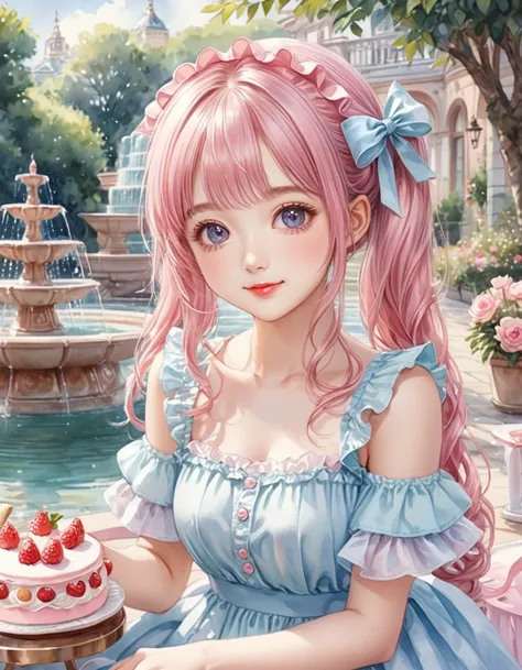 (watercolor:1.2), (close up face), best quality, masterpiece, extremely cute and tender girl, cute pose, sweet smile, (petite), beautiful tender eyes symmetrical, (beautiful and detailed face), beautiful long twintail hair, (pastel pink hair:1.3), blunt ba...