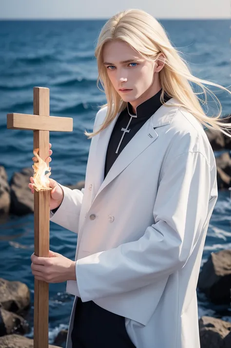 Blonde boy, Blue eyes, sea, beautiful, perfect face, chin-length hair, Blue coat, White blouse and Black pants, holding a cross on fire