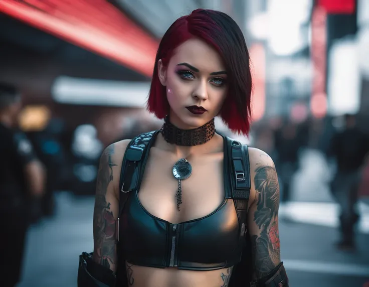 a candid portrait of a future girl, cyberpunk urban photography , inspired by futuristic leather fashion, tattoo and dark gothic...