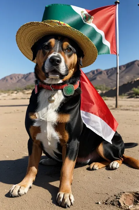 A dog with a Mexican flag and a Mexican hat