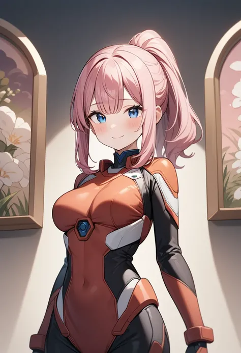 (masterpiece, top quality, very aesthetic, 4k、illustration), intricate detail, 1girl,Standing in front of a wall、(cowboy shot)、light smile、()、animated painting
Cute 、pink hair、ponytail,middle hair,sidelock ,,blue eyes、pilot suit、medium breasts,Slim 、