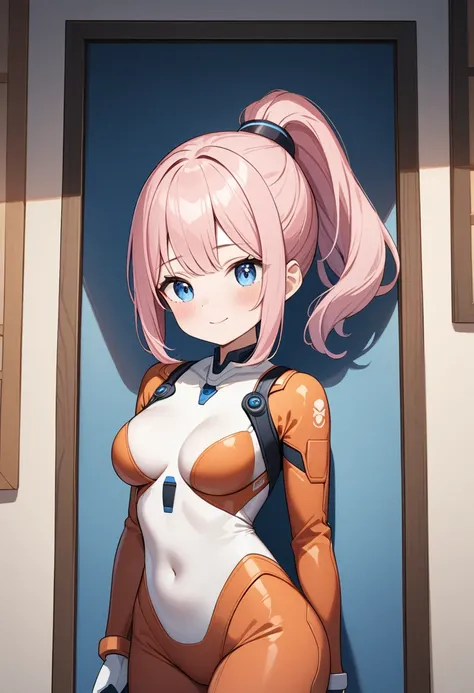 (masterpiece, top quality, very aesthetic, 4k、illustration), intricate detail, 1girl,Standing in front of a wall、(cowboy shot)、light smile、()、animated painting
Cute 、pink hair、ponytail,middle hair,sidelock ,,blue eyes、pilot suit、medium breasts,Slim 、