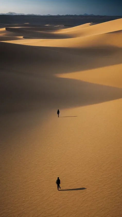 a man walking in the desert at night, a matte painting by Michal Karcz, tumblr, conceptual art, in a serene vast desert, somewhere in sands of the desert, in the movie dune, in dune, walking in the desert, lone dark figure!!, desert!!!!!!!!!!!, beautiful a...