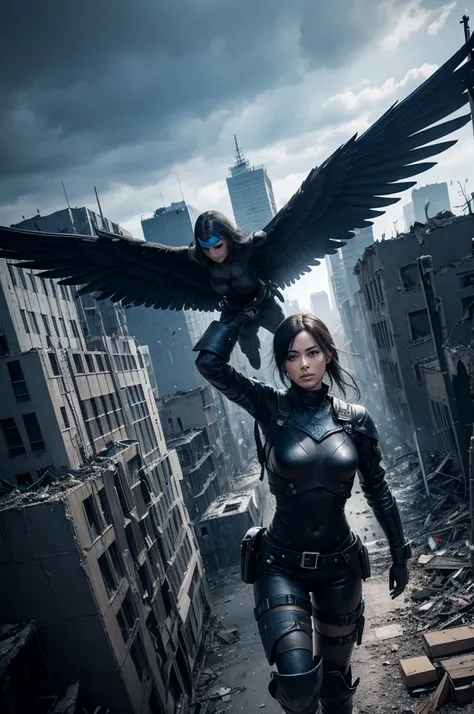 The black and blue angel, flown through a city destroyed by the war between angels after the apocalypse. 