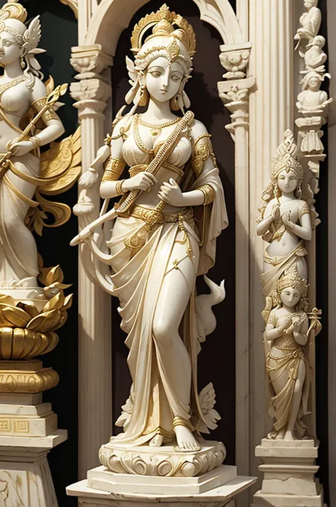 front view of a white marble statue of goddess Saraswati fully covered in a saree and wearing golden ornaments with her swan and veena in the greek renaissance style