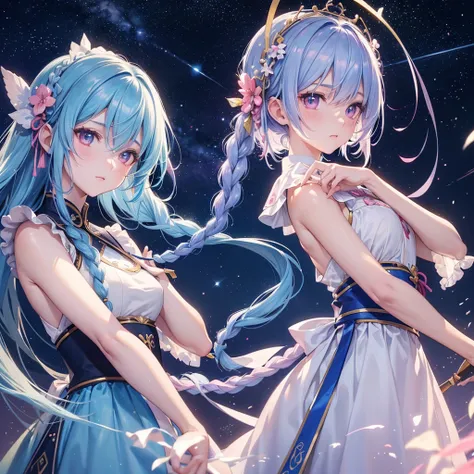 Sky blue hair,braid,(Pink Eyes),Fair skin ,(whole body),(One girl),Hanfu,Tanabata,(The beautiful, sparkling Milky Way in the night sky),Lonely Eyes,,(masterpiece, Highest quality, Very detailed, Best Shadow), (Detailed Background), (Beautifully detailed fa...