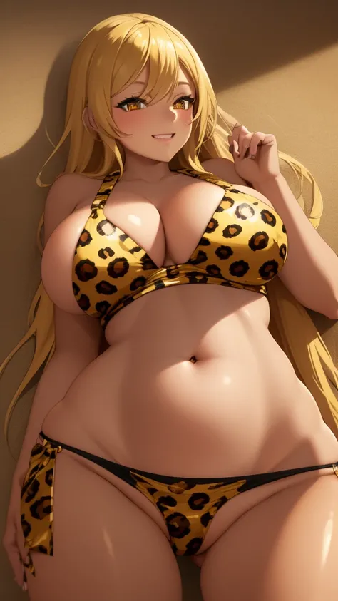 1 girl, golden blonde hair, golden eyes, very tan skin, solo, gyaru, shoulder length hair, curvy, very wide hips, large ass, narrow waist, thick thighs, very huge breasts, leopard print micro bikini, bubbly smile, navel piercing, navel,
