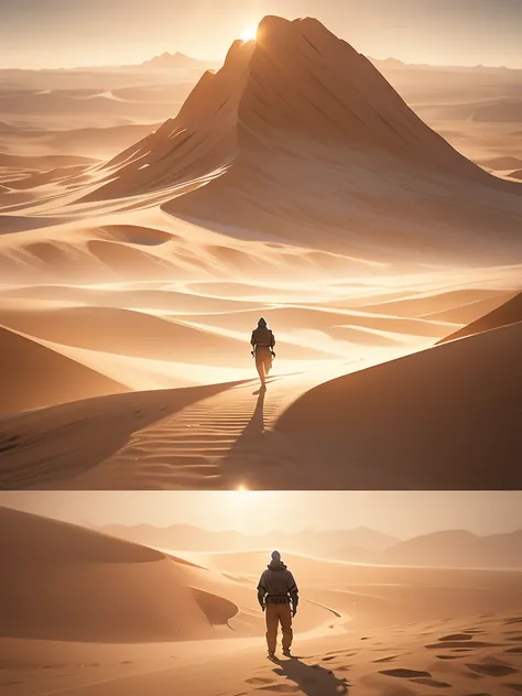 a man walking in the desert at night, a matte painting by Michal Karcz, tumblr, conceptual art, in a serene vast desert, somewhere in sands of the desert, in the movie dune, in dune, walking in the desert, lone dark figure!!, desert!!!!!!!!!!!, beautiful a...