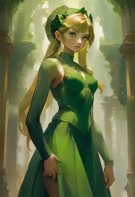 a masterful best quality, award winning masterpiece, portrait done by Michelangelo of Princess Zelda, ((anatomically correct: 1.5)), wearing intricate glamour green elven dress, elven forest background background, Ultra-high resolution, High Contrast, (mas...