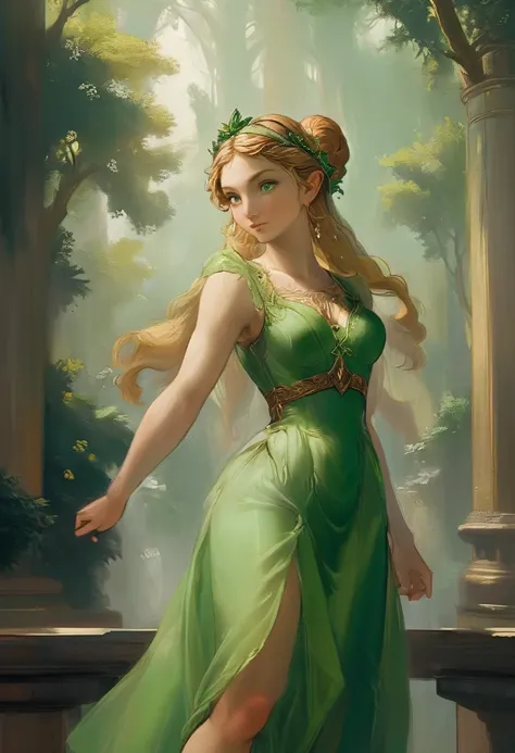 a masterful best quality, award winning masterpiece, portrait done by Michelangelo of Princess Zelda, ((anatomically correct: 1.5)), wearing intricate glamour green elven dress, elven forest background background, Ultra-high resolution, High Contrast, (mas...