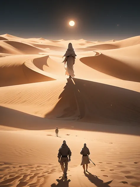 a man walking in the desert at night, a matte painting by Michal Karcz, tumblr, conceptual art, in a serene vast desert, somewhere in sands of the desert, in the movie dune, in dune, walking in the desert, lone dark figure!!, desert!!!!!!!!!!!, beautiful a...