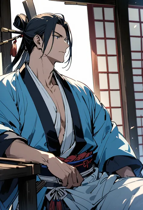 Japanese men、Swordsmanship、Handsome、Fair skin、Calm、End of the Edo period、Shinsengumi、Light blue kimono、One person、wild