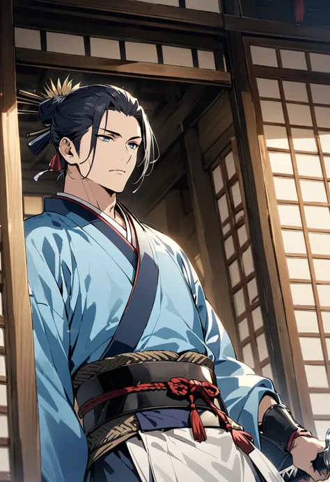 Japanese men、Swordsmanship、Handsome、Fair skin、Calm、End of the Edo period、Shinsengumi、Light blue kimono、One person、wild