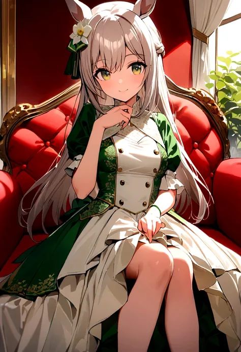 (((Horse Girl))), (((Fine Motion))), sitting on a luxurious red sofa, smile, A young lady-like outfit with white as the base and green embroidery, , High resolution, 