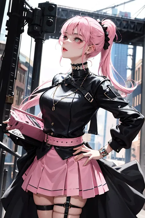 (masuter piece:1.2、top-quality)、(Live action、Intricate details)、(1lady、solo、The upper part of the body、Colossal tits) garments: Edgy、Black jumper、Pink mini skirt、Avant-garde、Experimental appearance: Long pink hair、Dramatic makeup、Unconventional fashion cho...