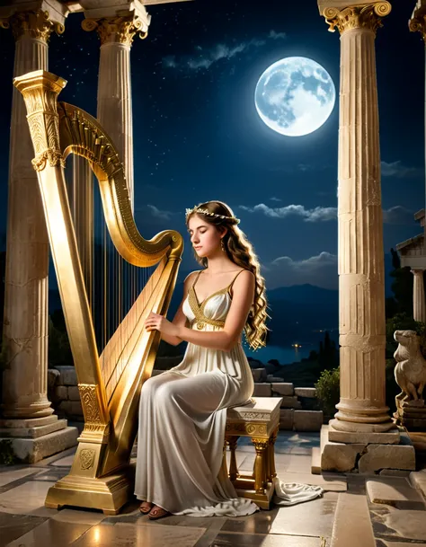 a young priestess, sitting, she places a harp larger than herself in front of him and plays it, playing a large lyre, ancient Greek temple, late at night, inside the temple it is (dark:1.3) and there is (no lighting:1.2), the moonlight shines in at an angl...