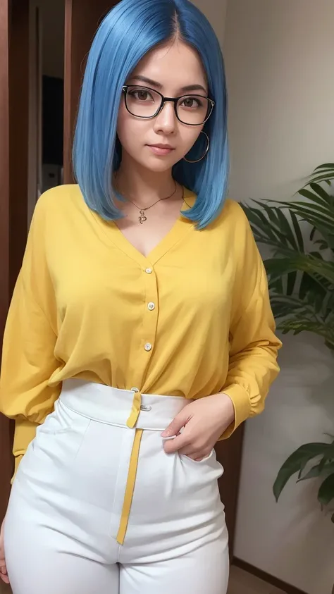 a woman with glasses, blue hair, light brown eyes and white skin wearing a yellow long-sleeved blouse