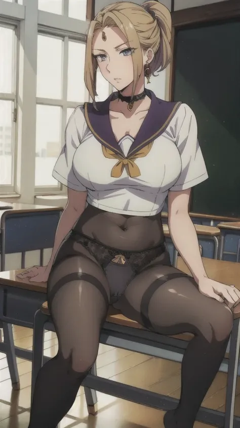 ((Correct Anatomy)),(Female student),((school uniform)),((Sailor suit)),((White lace panties)),(Mini Pleated Skirt),(((black tights))),Ultra-high resolution,Mature Woman, Mature Woman, Very detailed,Sunburned skin,Brown Skin,((Beautiful feet)),(Big Breasts...