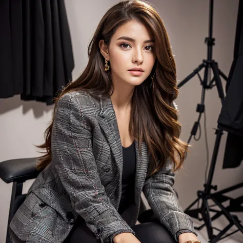 1 woman with long tied brown hair, detailed face, detailed eyes, detailed lips, beautiful, sitting on black box chair, gray blazer, black leggings, patterned boots, clothes hanging, model dressing room interior, studio lighting, best quality, 4k, 8k, highr...