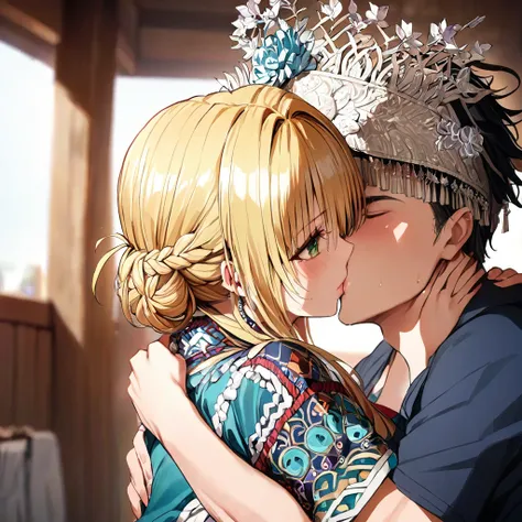 ((Highest quality)), ((masterpiece)), (detailed), （Perfect Face）、The woman is a Tier, with green eyes, medium blonde hair, ethnic medicine and a gorgeous hat.、A woman is hugging and kissing a man